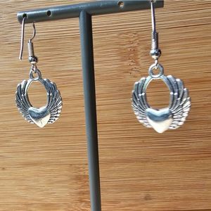 New heart with wings Dangle Earrings silver colored